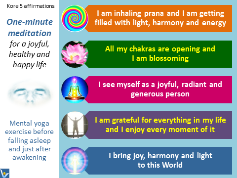 One-minutes Meditation, Kore 5 Affirmations for Joy, Health, Enlightenment, emotional infographics, emfographics, Vadim Kotelnikov